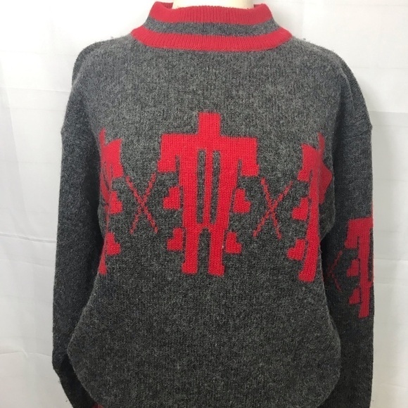 Vintage Grandpa sweater  70% wool Sz L gray/red - Picture 3 of 6